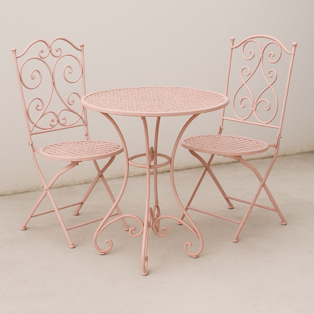 Balkonmöbel-Set aus Metall rund Tisch Durchmesser 60 cm und 2 Klappstühle Rosa-Runecasa