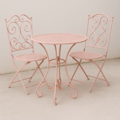 Balkonmöbel-Set aus Metall rund Tisch Durchmesser 60 cm und 2 Klappstühle Rosa-Runecasa