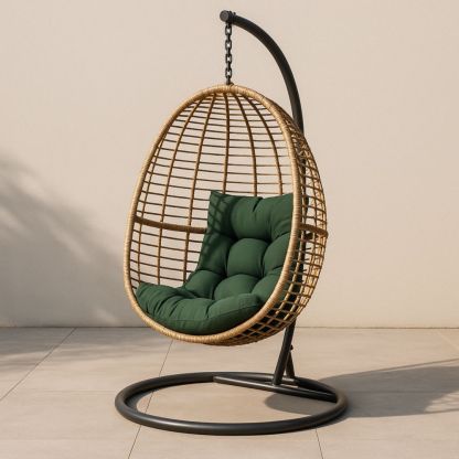 Garten Hängesessel Rattan Naturform Edelstahlrahmen Grün Polyesterkissen 195x105 cm-Runecasa