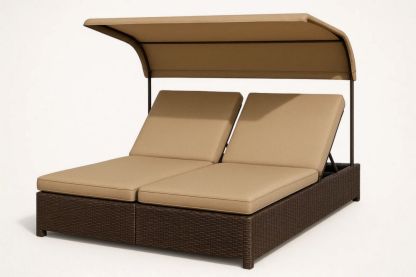Doppelte Sonnenliege Polyethylengeflecht Beige Verstellbar Mit Baldachin 200x160x150 cm-Runecasa