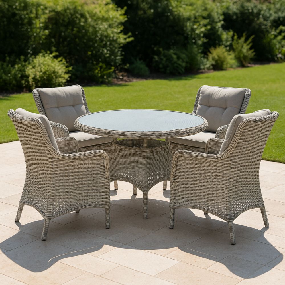 Gartenmöbel Set Rundtisch mit Stühlen Rattan Grau inkl. gehärtetem Glas-Runecasa