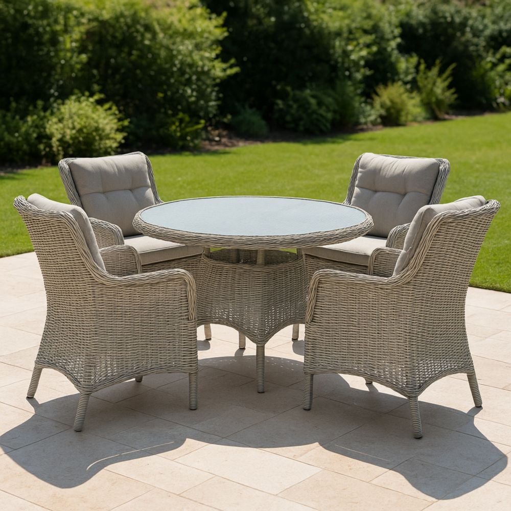 Gartenmöbel Set Rundtisch mit Stühlen Rattan Grau inkl. gehärtetem Glas-Runecasa