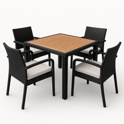 Gartentisch Set Rattan Schwarz mit Teakholzplatte und Kissen-Runecasa