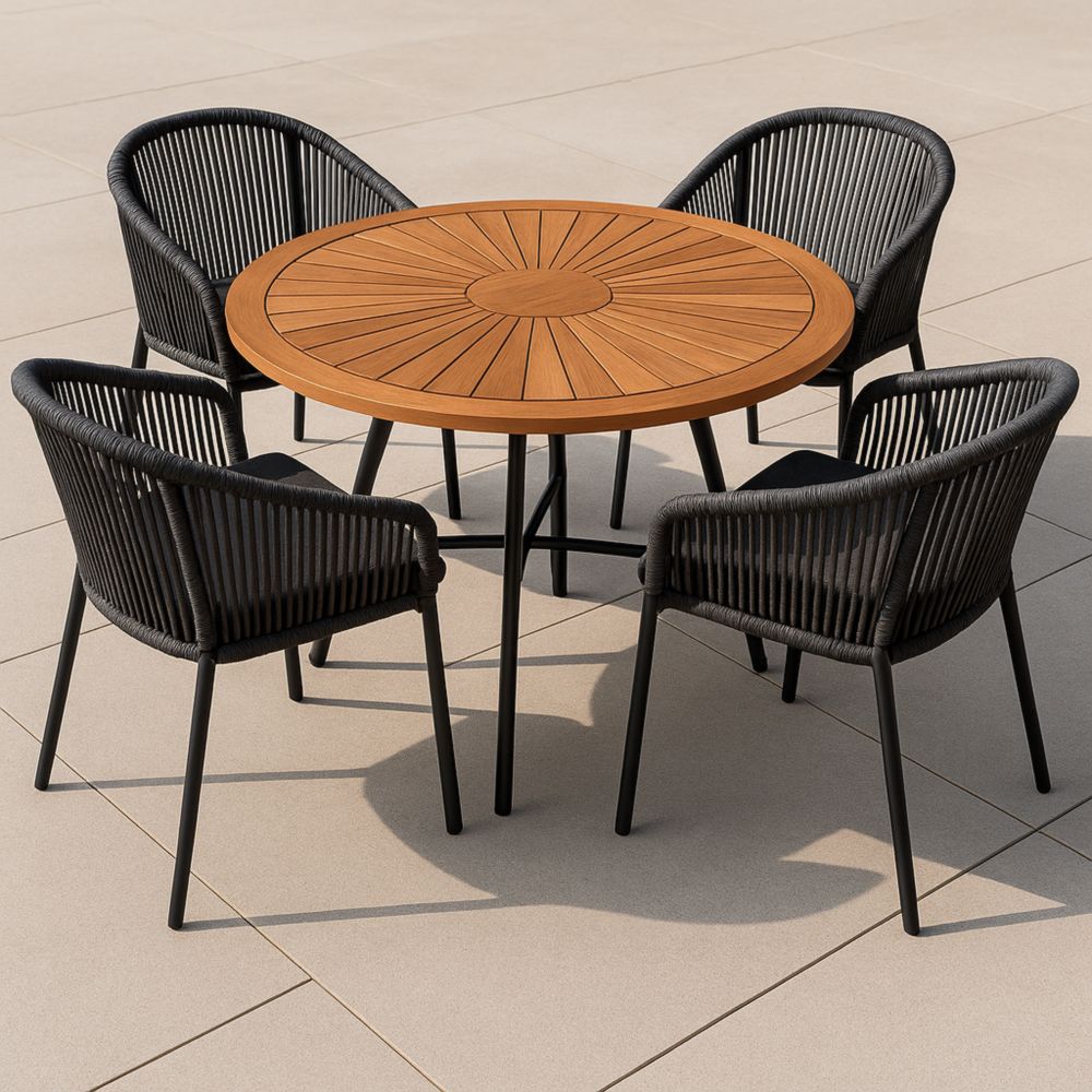 Gartenmöbel-Set Rundtisch Akazienholz Seil Schwarze Stühle-Runecasa
