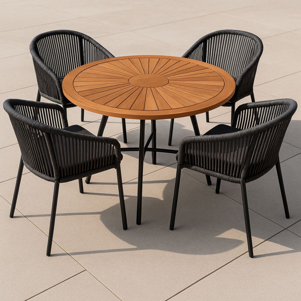 Gartenmöbel-Set Rundtisch Akazienholz Seil Schwarze Stühle-Runecasa