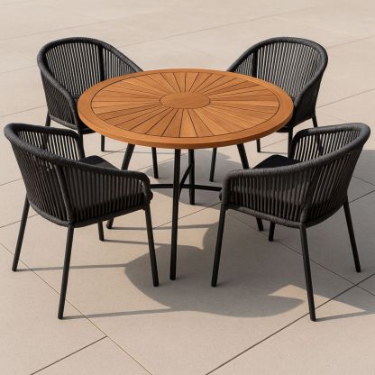 Gartenmöbel-Set Rundtisch Akazienholz Seil Schwarze Stühle-Runecasa