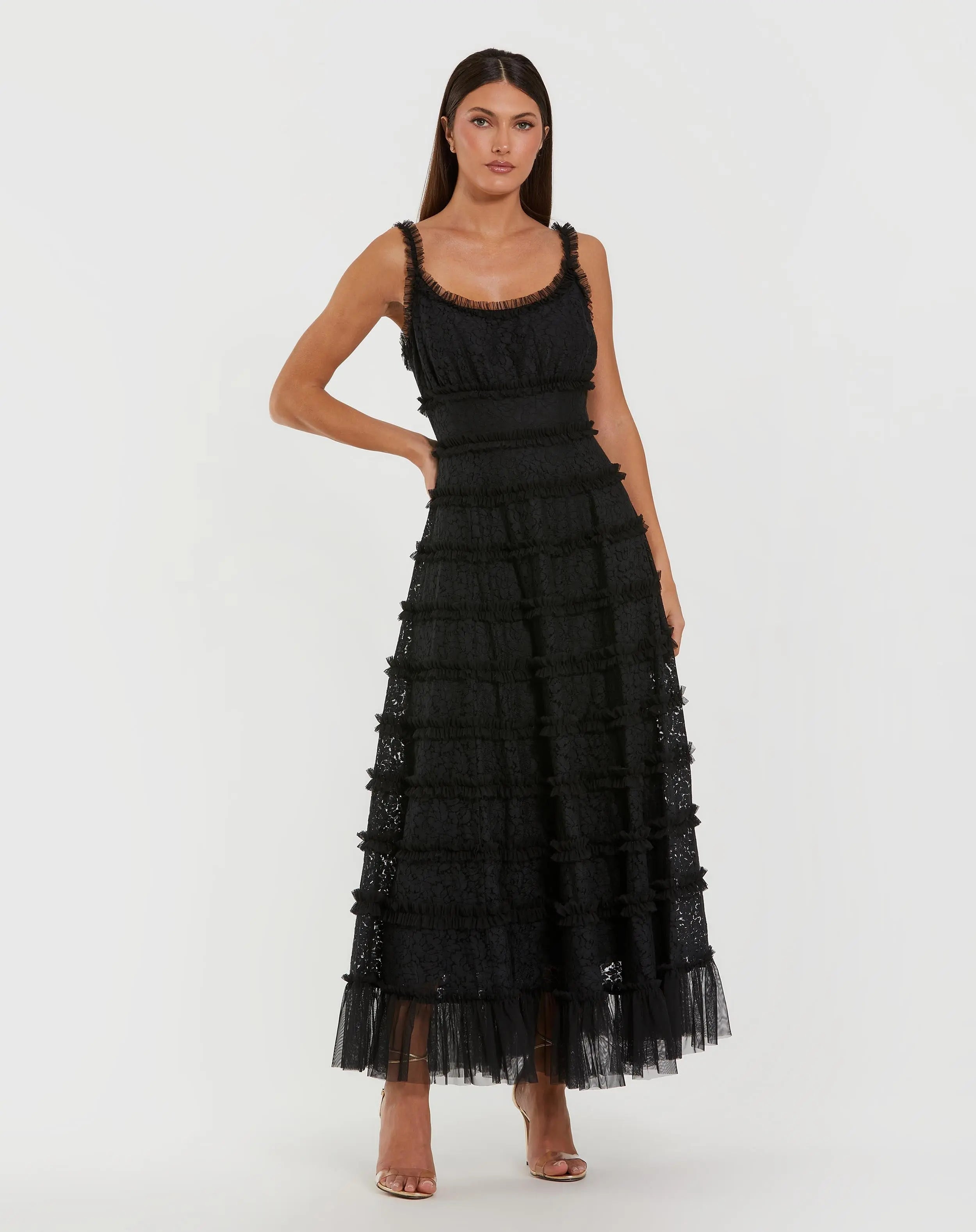 Black Sleeveless Lace A Line Midi Dress With Ruffles Black Sleeveless Lace A Line Midi Dress With Ruffles
