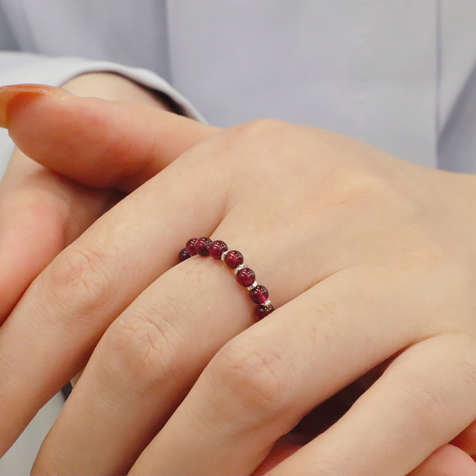 Natural Garnet Gemstone Stretch Beaded 925 Sterling Silver Rings for Women Stackable Dainty | Crystal Spiritual Healing Stone Meaning