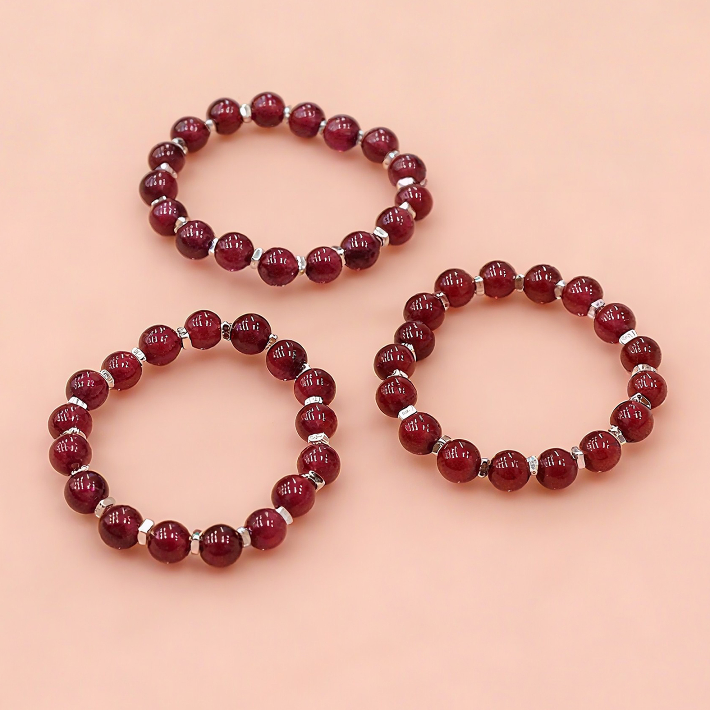 Natural Garnet Gemstone Stretch Beaded 925 Sterling Silver Rings for Women Stackable Dainty | Crystal Spiritual Healing Stone Meaning