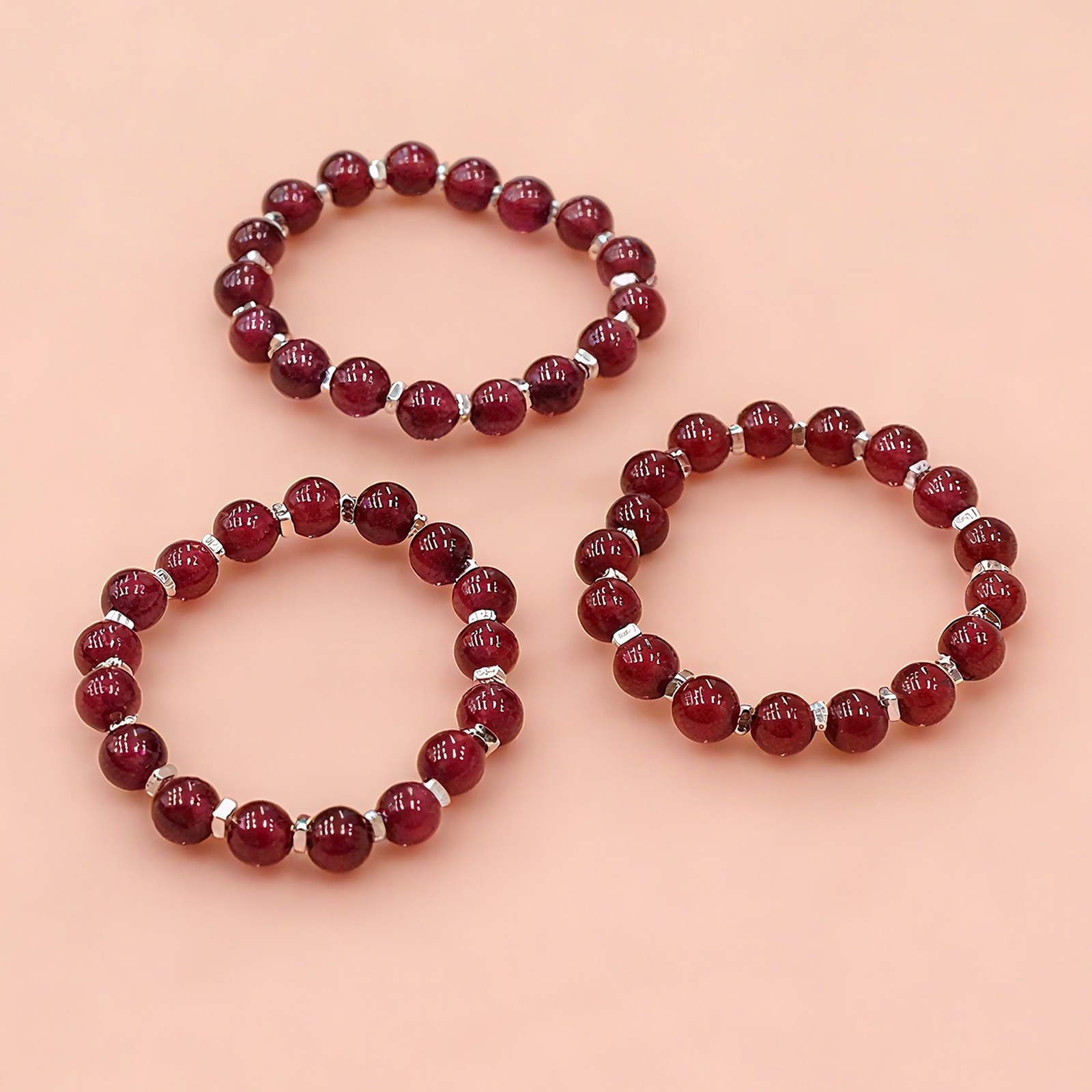 Natural Garnet Gemstone Stretch Beaded 925 Sterling Silver Rings for Women Stackable Dainty | Crystal Spiritual Healing Stone Meaning