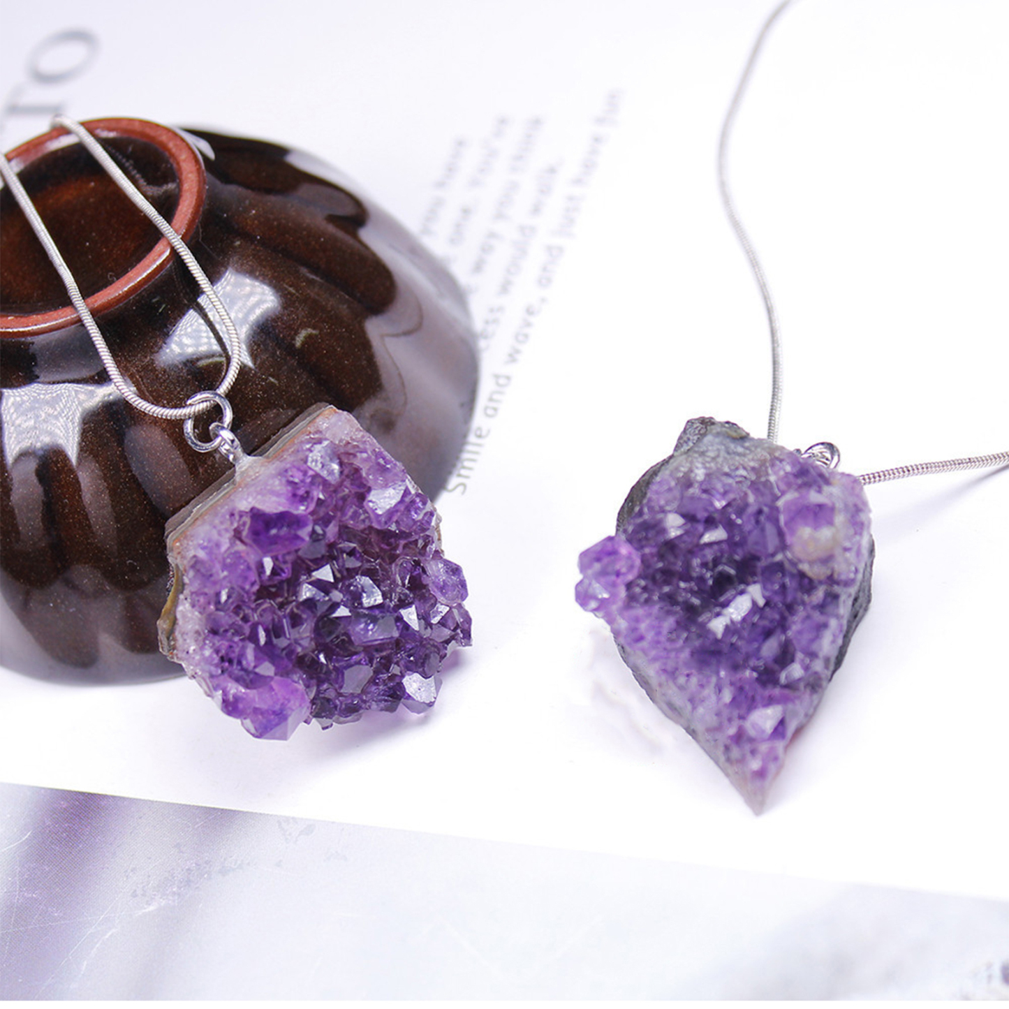 Natural Uruguay Amethyst Crystal Cluster Pendant with Chain Necklace Raw Stone Jewelry | Gemstone Spiritual Healing Stone Meaning