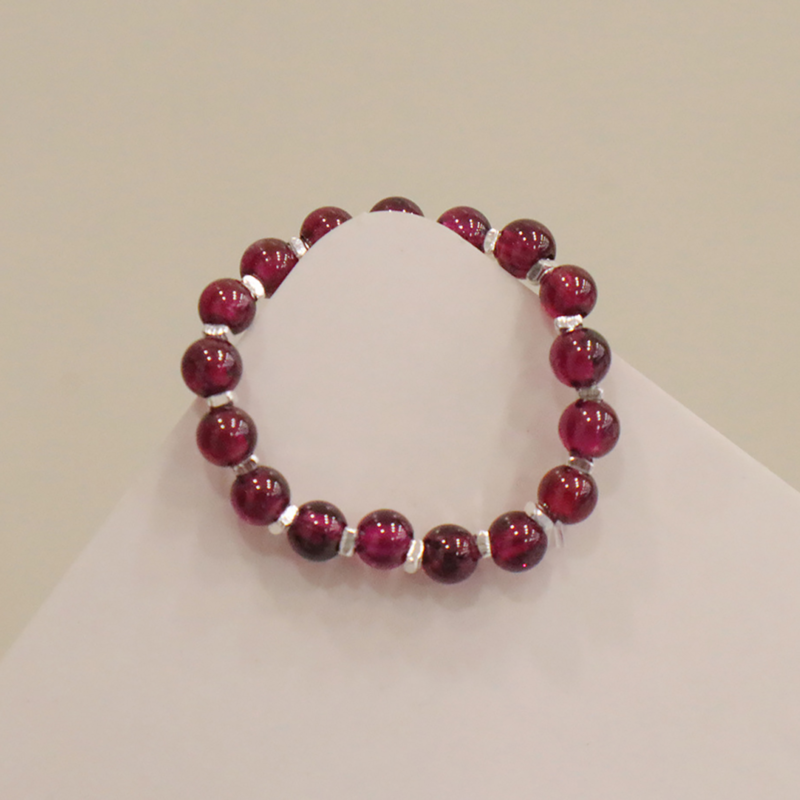 Natural Garnet Gemstone Stretch Beaded 925 Sterling Silver Rings for Women Stackable Dainty | Crystal Spiritual Healing Stone Meaning