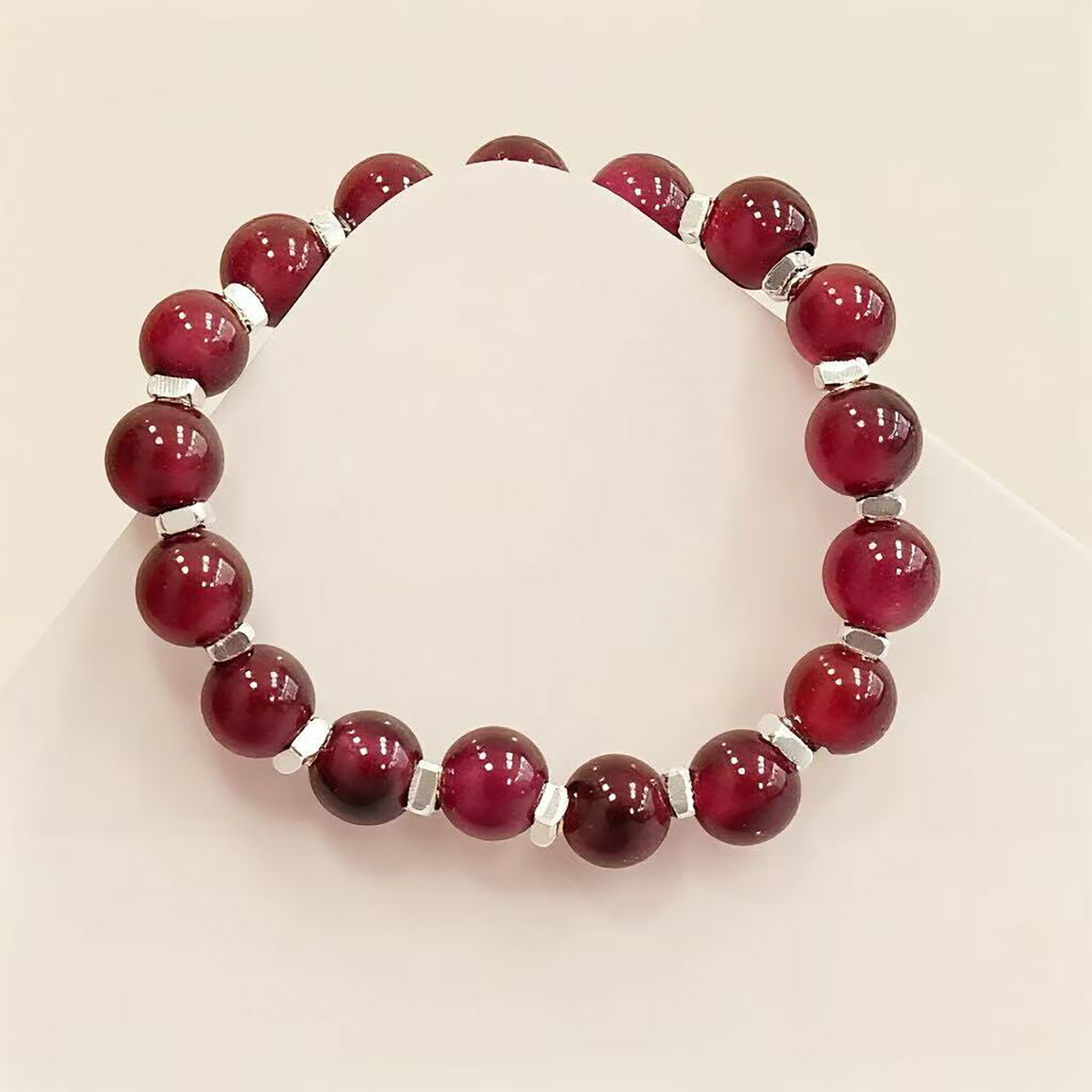 Natural Garnet Gemstone Stretch Beaded 925 Sterling Silver Rings for Women Stackable Dainty | Crystal Spiritual Healing Stone Meaning