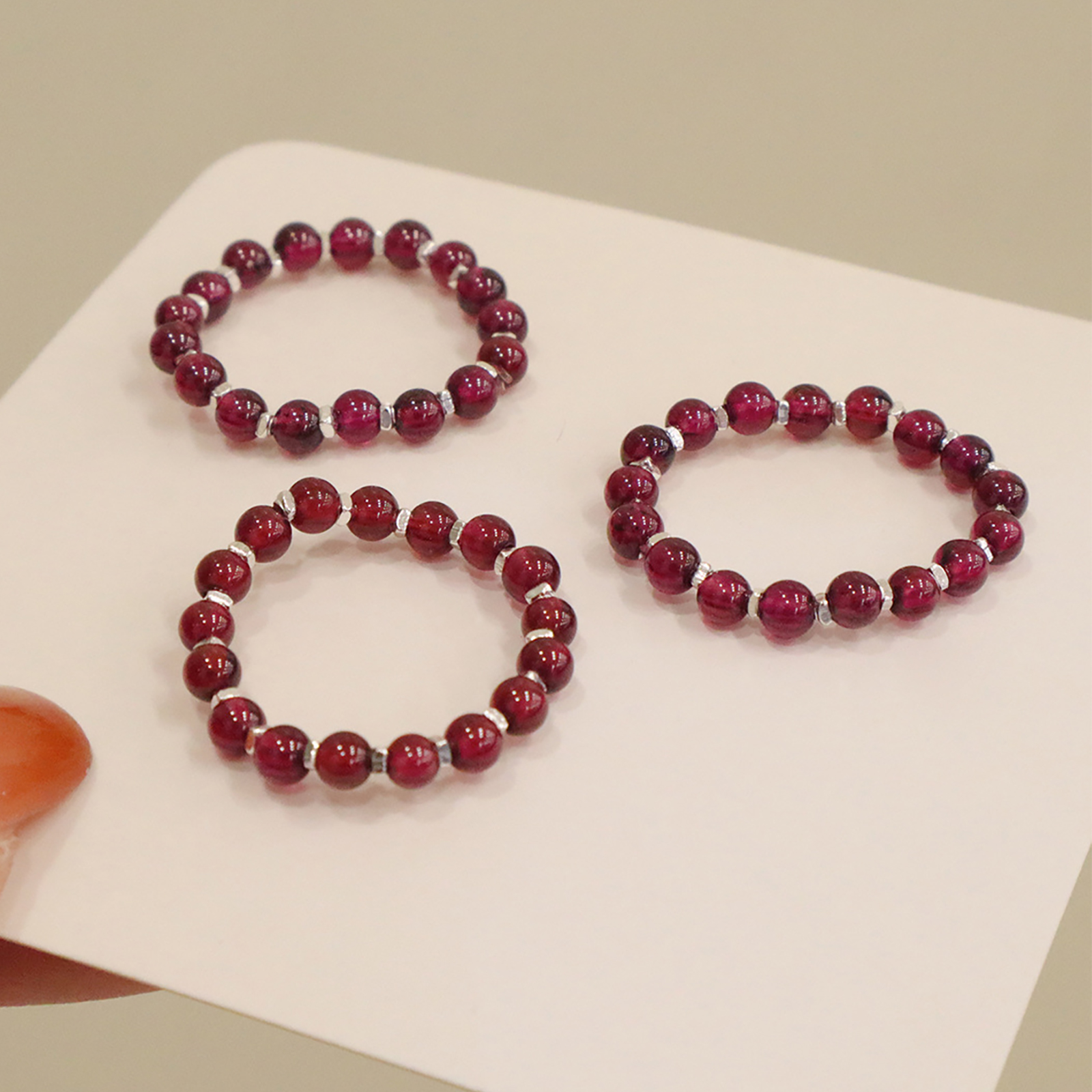 Natural Garnet Gemstone Stretch Beaded 925 Sterling Silver Rings for Women Stackable Dainty | Crystal Spiritual Healing Stone Meaning