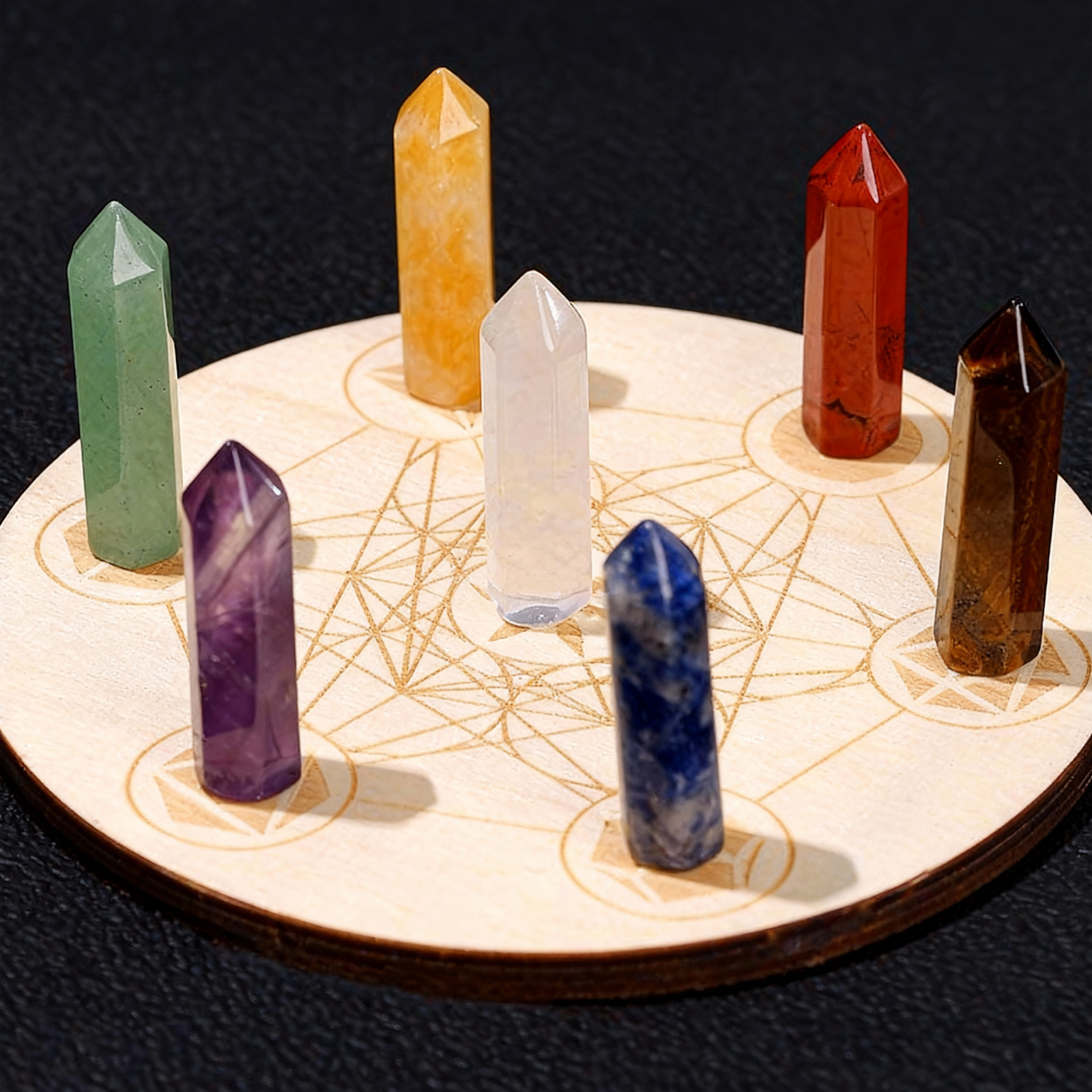 Natural Crystal Tower Fengshui Seven-Star Array Healing Stones Set with Wooden Board for Meditation Reiki | Gemstone Spiritual Healing Stone Meaning