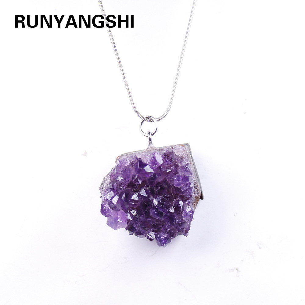 Natural Uruguay Amethyst Crystal Cluster Pendant with Chain Necklace Raw Stone Jewelry | Gemstone Spiritual Healing Stone Meaning