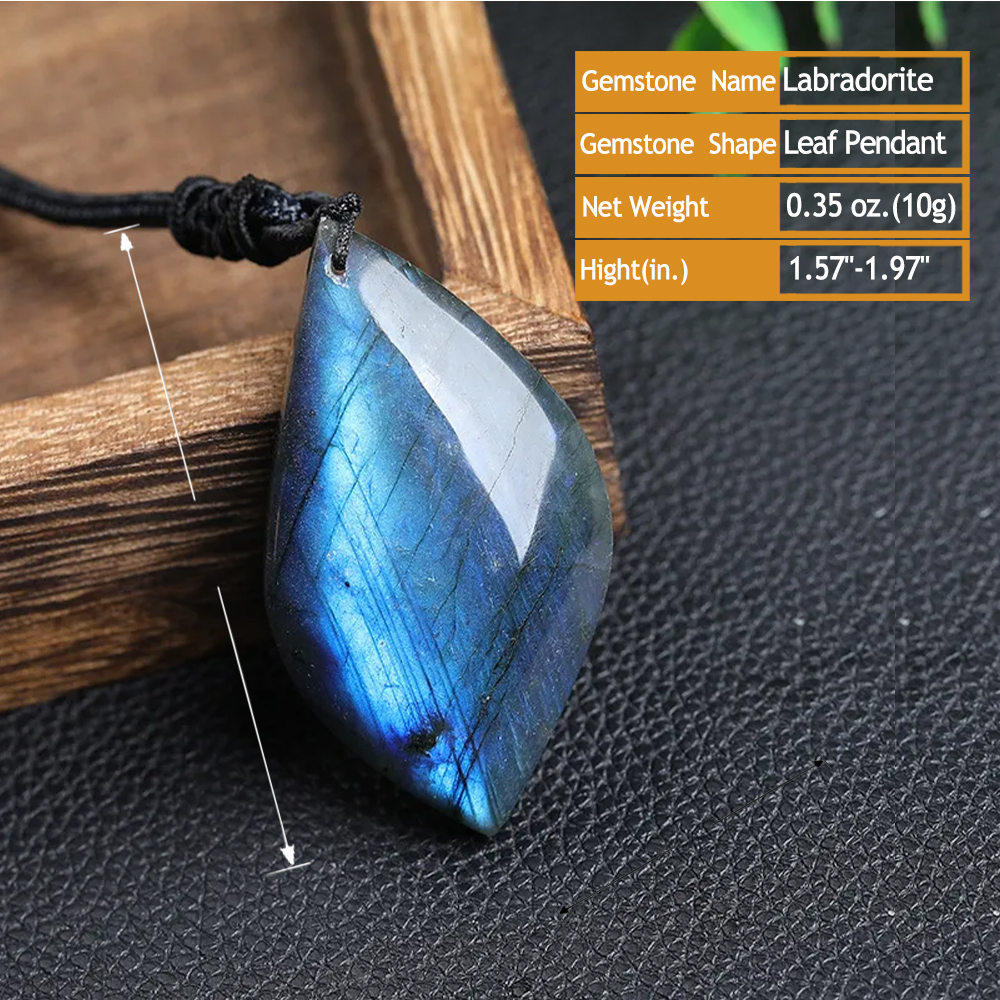 Natural Labradorite Gemstones Leaf Pendant Necklace · Polished Freeform Crystal with Braided Cord | Crystals Spiritual Healing Stone Meaning