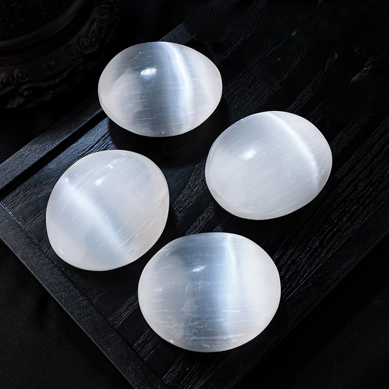 Natural Selenite Crystal Oval Palm Stone Massage Worry Stone | Gemstone Spiritual Healing Stone Meaning