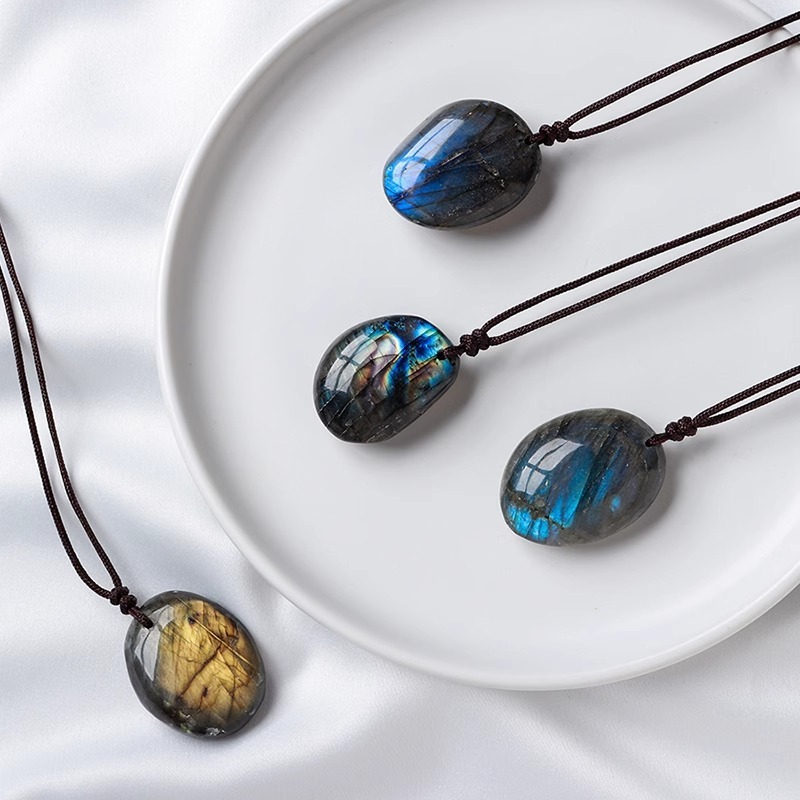 Natural Labradorite tumble gemstone pendent on adjustable cord  necklace emotionnal crystal healing