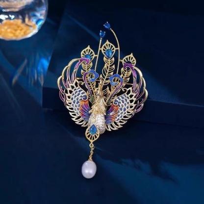 Colorful Phoenix Brooch for Women, Pearl Tassel Pendant, Elegant Dress & Cheongsam Accessory