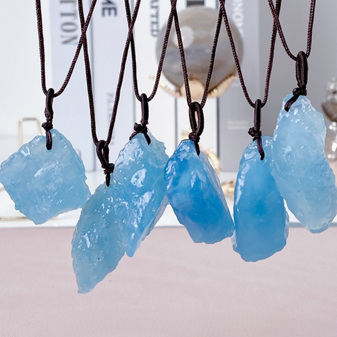 Natural Raw Aquamarine Gemstone Boho Braided Handmade Necklace Rough stone Irregular Pendant | Crystal Spiritual Healing Stone Meaning