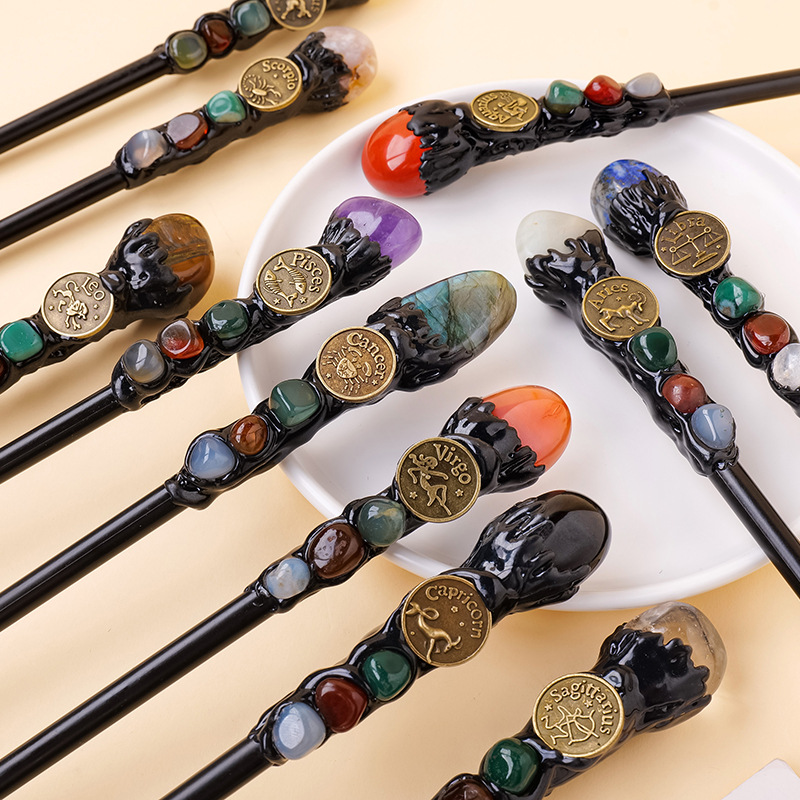 Natural Assorted Crystal Zodiac Magic Wand – Tumbled Stones, Wicca Energy Wand | Gemstone Spiritual Healing Stone Meaning