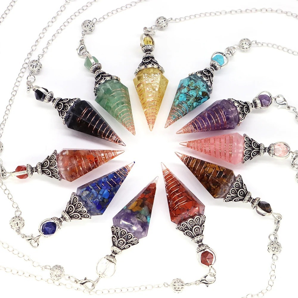 Natural Crystals Gemstone Pendulum with Antique Silver Chain | Crystals Spiritual Healing Stone Meaning