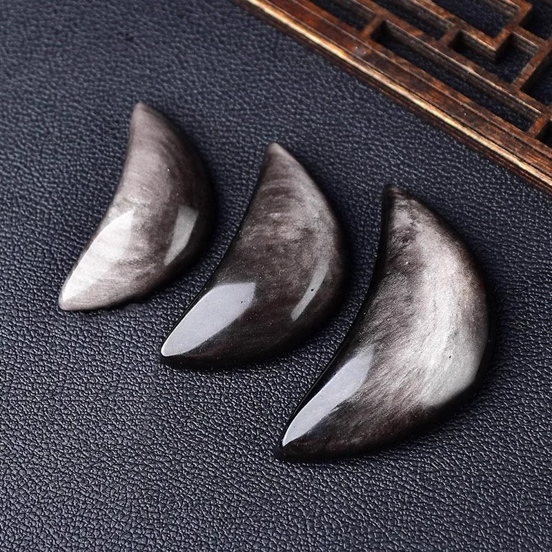 Natural Silver Obsidian Crescent Moon Figurine Hand Carved Crystal Lucky Stone for Home Decor & Office Statues | Gemstone Spiritual Healing Stone Meaning