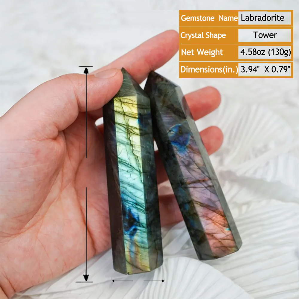 Natural Labradorite Gemstones Single-Point Crystal Tower | Polished Six-Facet Gemstone | Crystals Spiritual Healing Stone Meaning
