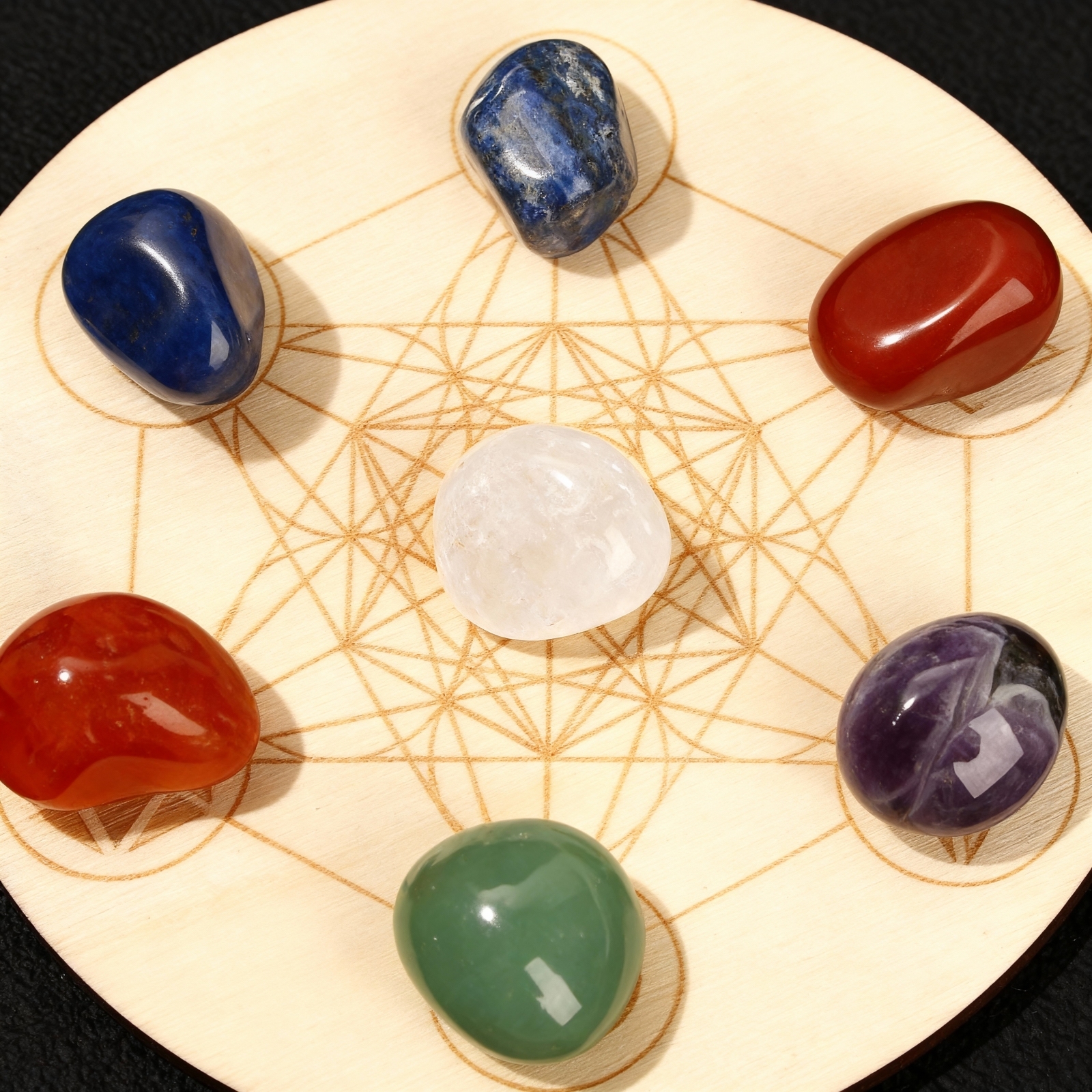 Natural Tumble Stone Fengshui Seven-Star Array Healing Crystal Set with Wooden Board for Meditation Reiki | Gemstone Spiritual Healing Stone Meaning