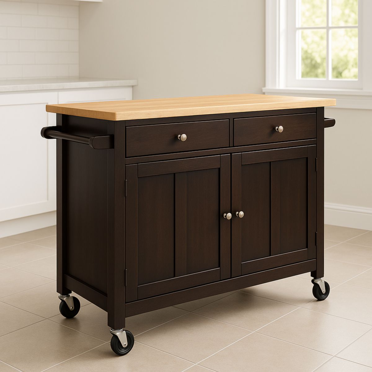 Kjøkkenøy med Hjul Mørkebrun/Bøk 120x60x90cm Treverk Rustfritt Stål