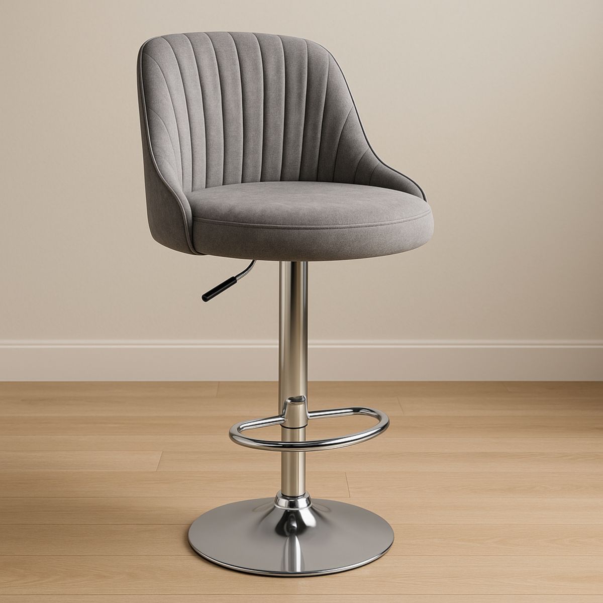 Grå barstol i fløyel med justerbar setehøyde og metallbase