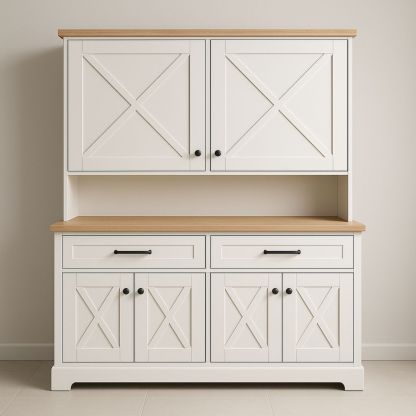 Kjøkkenskap i hvitt tre, 200 cm høy, 150 cm bred, 45 cm dyp