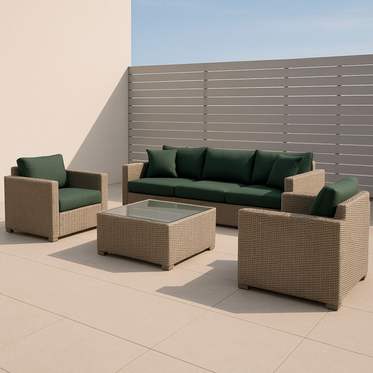 Hagemøbelsett rotting sofagruppe med glassbord beige/grønn