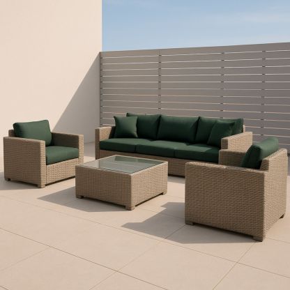 Hagemøbelsett rotting sofagruppe med glassbord beige/grønn