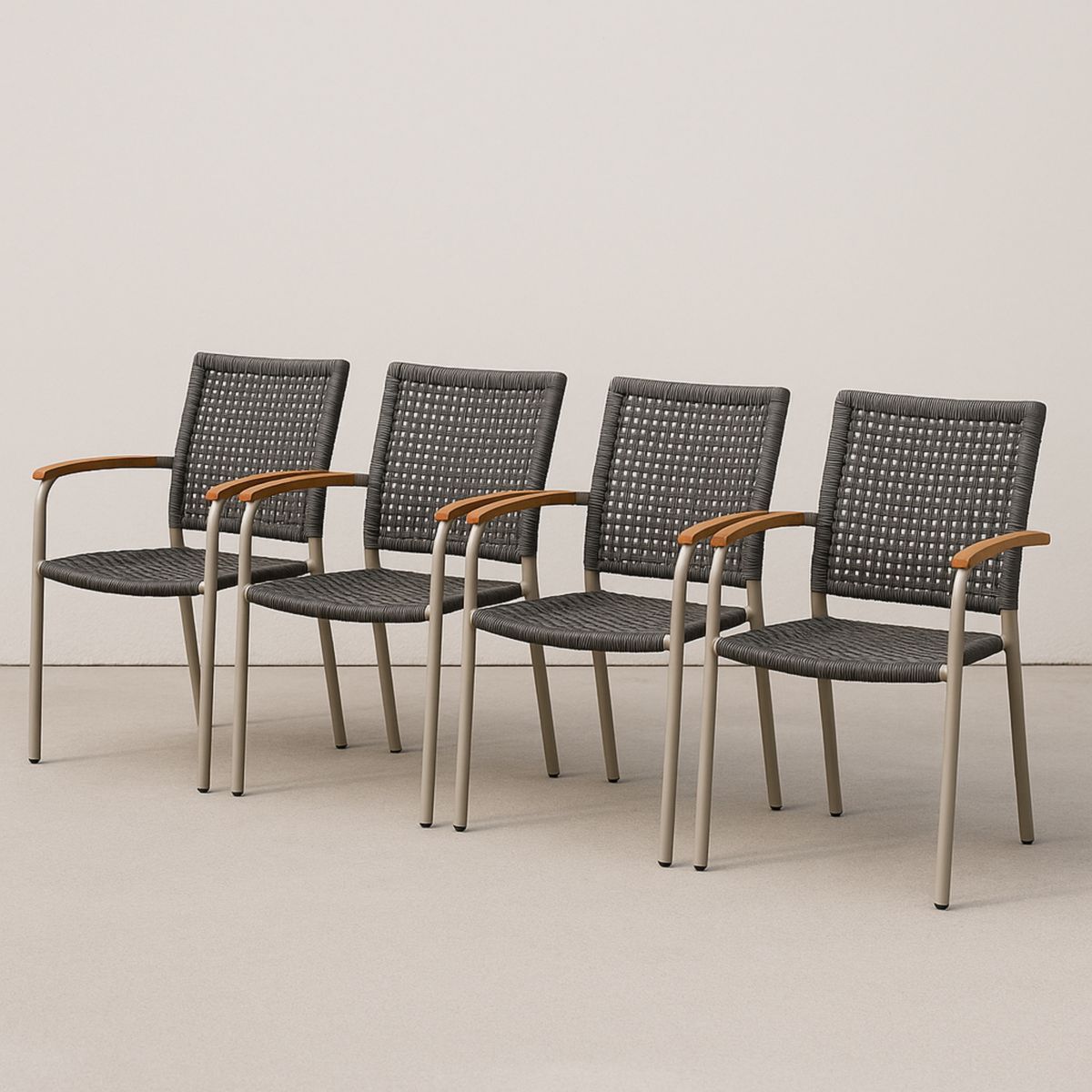 4 hagestoler med aluminiumsramme og rotting armlener, grå/brun