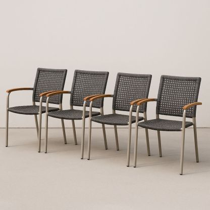 4 hagestoler med aluminiumsramme og rotting armlener, grå/brun