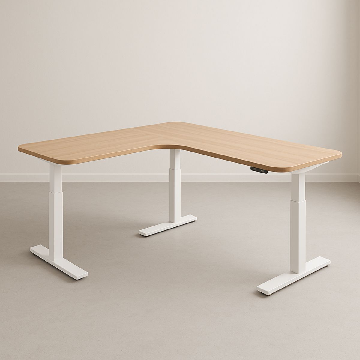 Justerbar L-formet skrivebord 160x120 cm eikefiner hvite stålben