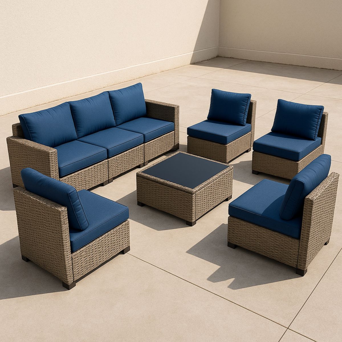 Utendørs modulsofa sett i rotting brun/blå med sitteputer