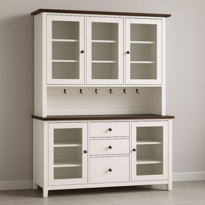 Hvit vitrineskap i tre med herdet glassdører og skuffer 180x45x200 cm