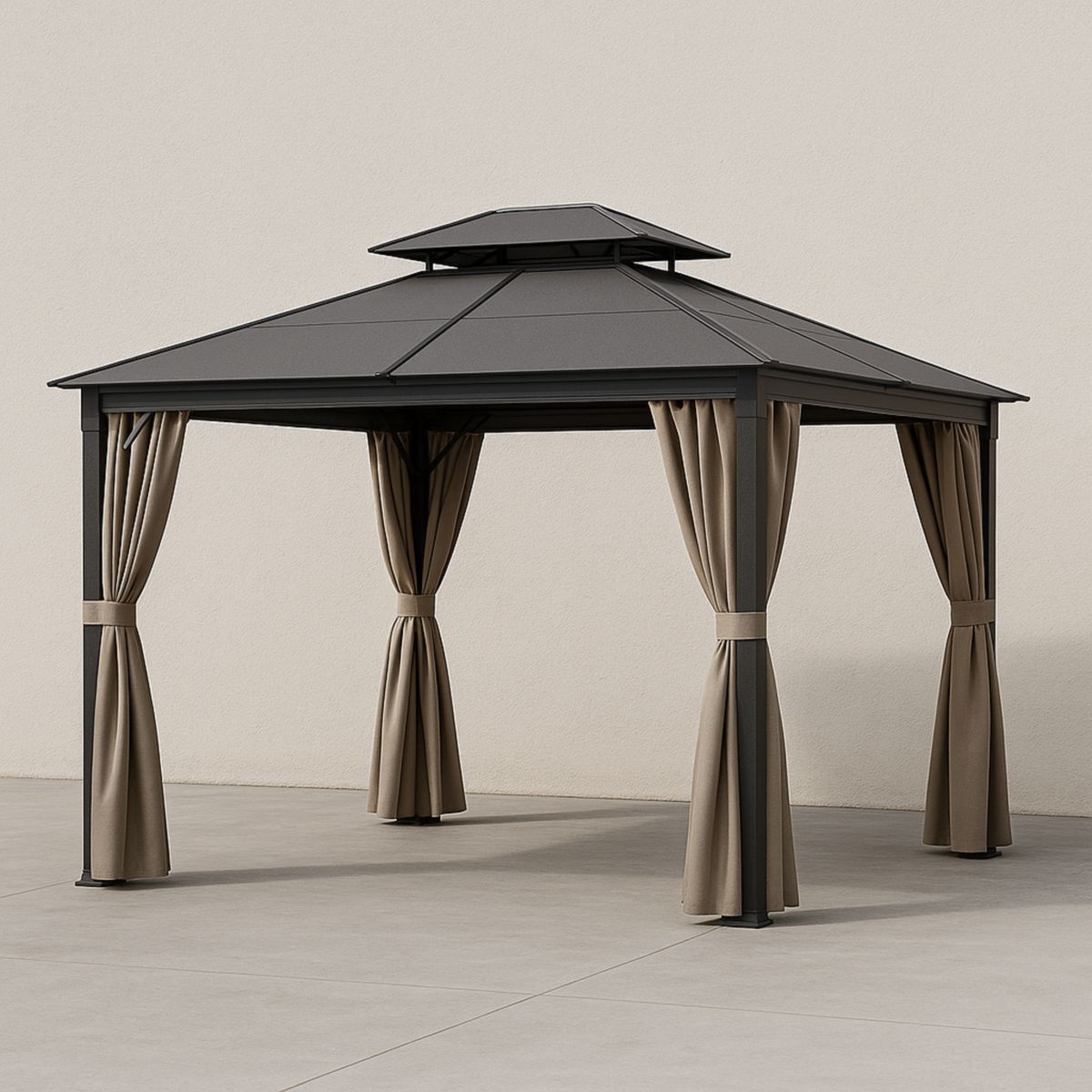 Paviljong Stålramme 3x3m Beige Polyester Tak med Gardiner