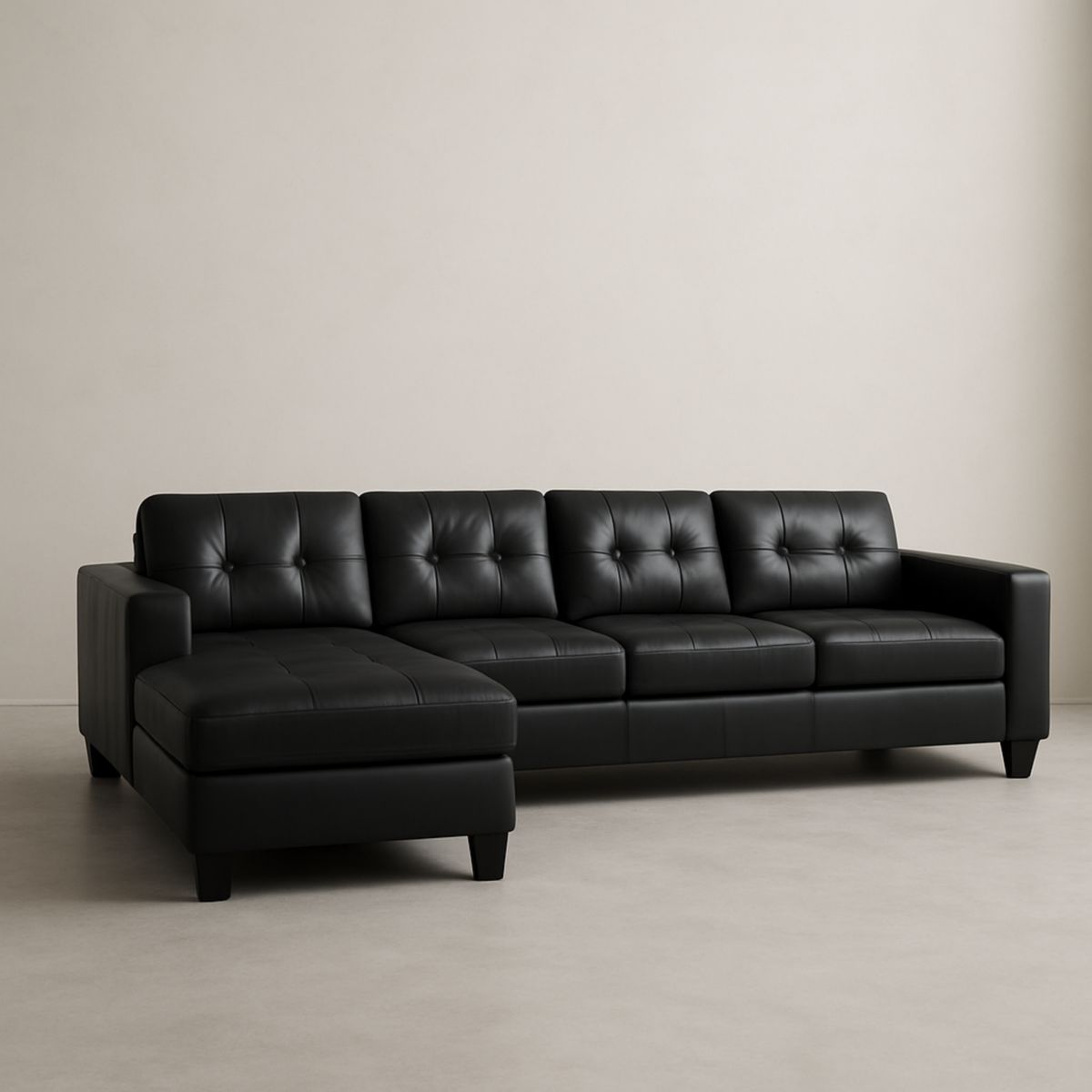 Svart skinn hjørnesofa med sjeselong 285 cm x 160 cm x 80 cm