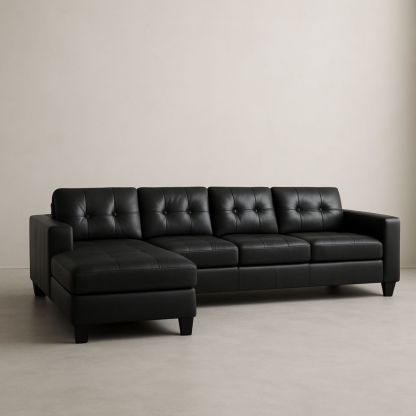 Svart skinn hjørnesofa med sjeselong 285 cm x 160 cm x 80 cm