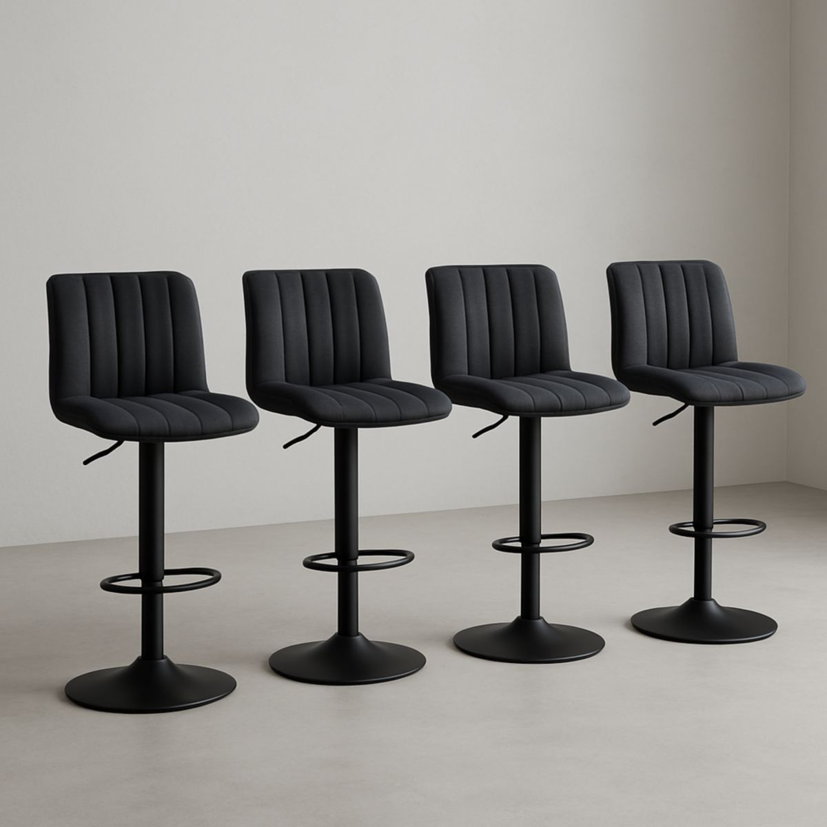 Sett med 4 justerbare barstoler i stoff grå med metallramme høyde 93-113 cm