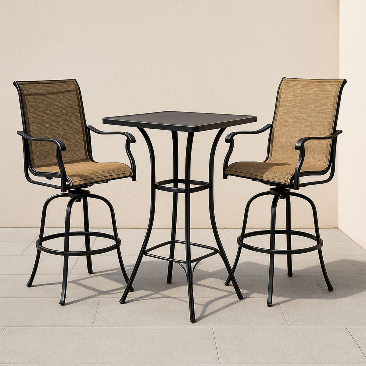 Utendørs bistromøbelsett i metall med tekstil, 1 bord og 2 stoler