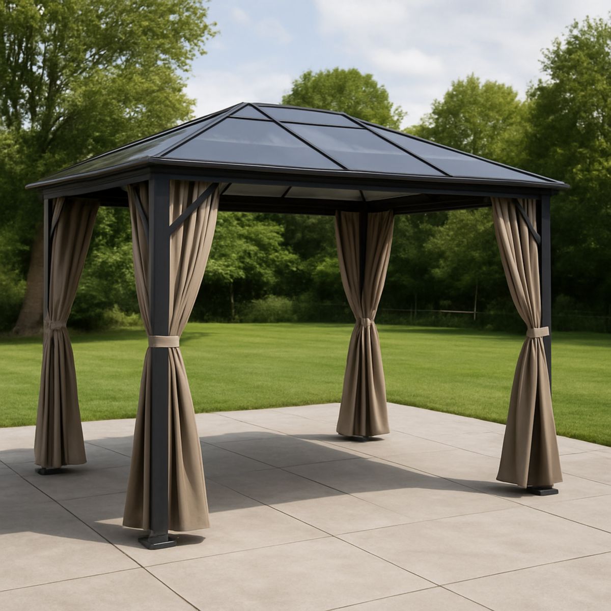 Utendørs paviljong aluminiumslegering polykarbonattak polyester gardiner 3m x 3m x 2.7m brun/svart