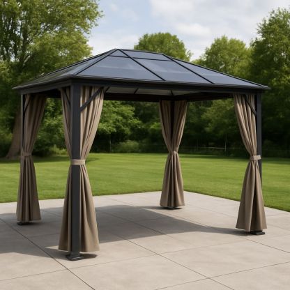 Utendørs paviljong aluminiumslegering polykarbonattak polyester gardiner 3m x 3m x 2.7m brun/svart