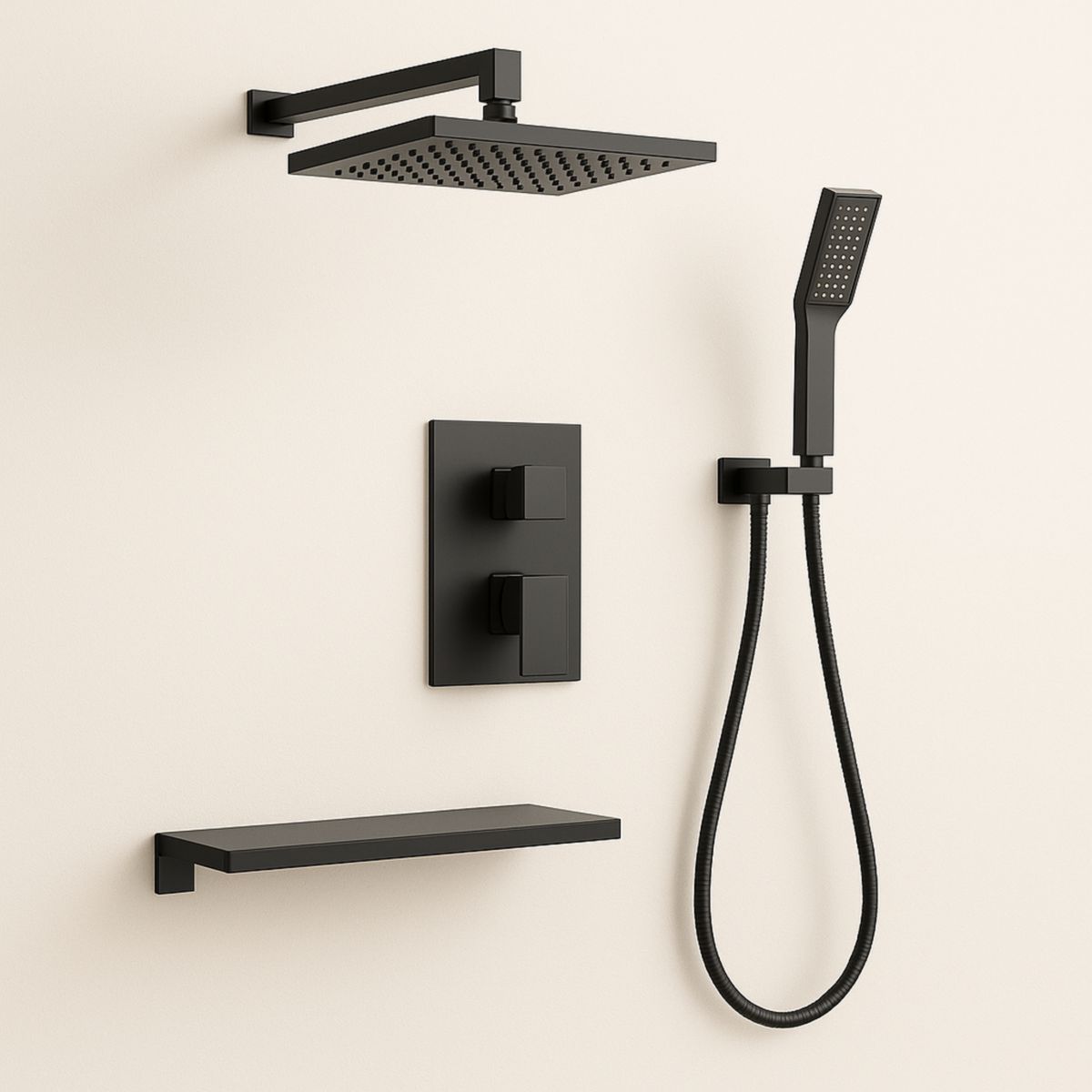 Dusjsett sort, rektangulær, rustfritt stål/keramikk