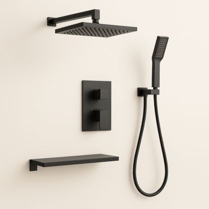 Dusjsett sort, rektangulær, rustfritt stål/keramikk