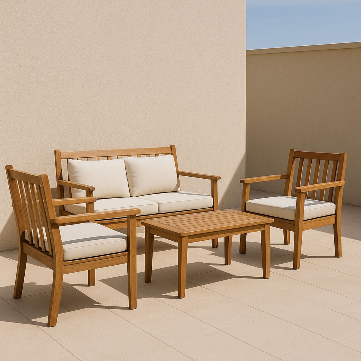 Hagemøbelsett i akasietre med polyesterputer, krem/natur